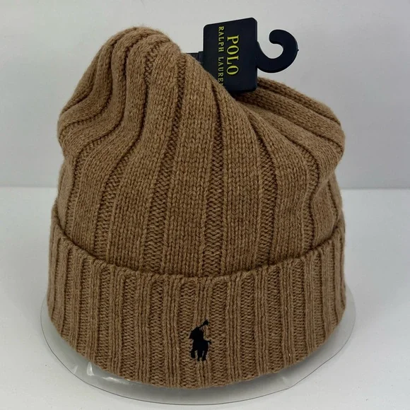 POLO RALPH LAUREN, LIGHT BROWN BEANIE, ONE SIZE FITS, 50% WOOL 50% NYLON, UNISEX - Picture 1 of 17